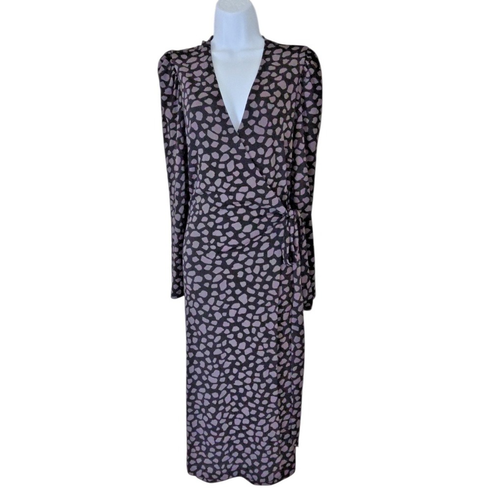 Ann Taylor Wrap Dress 14 Black/Gray Animal Print Midi Long Sleeve Stretch NWT - Picture 2 of 10